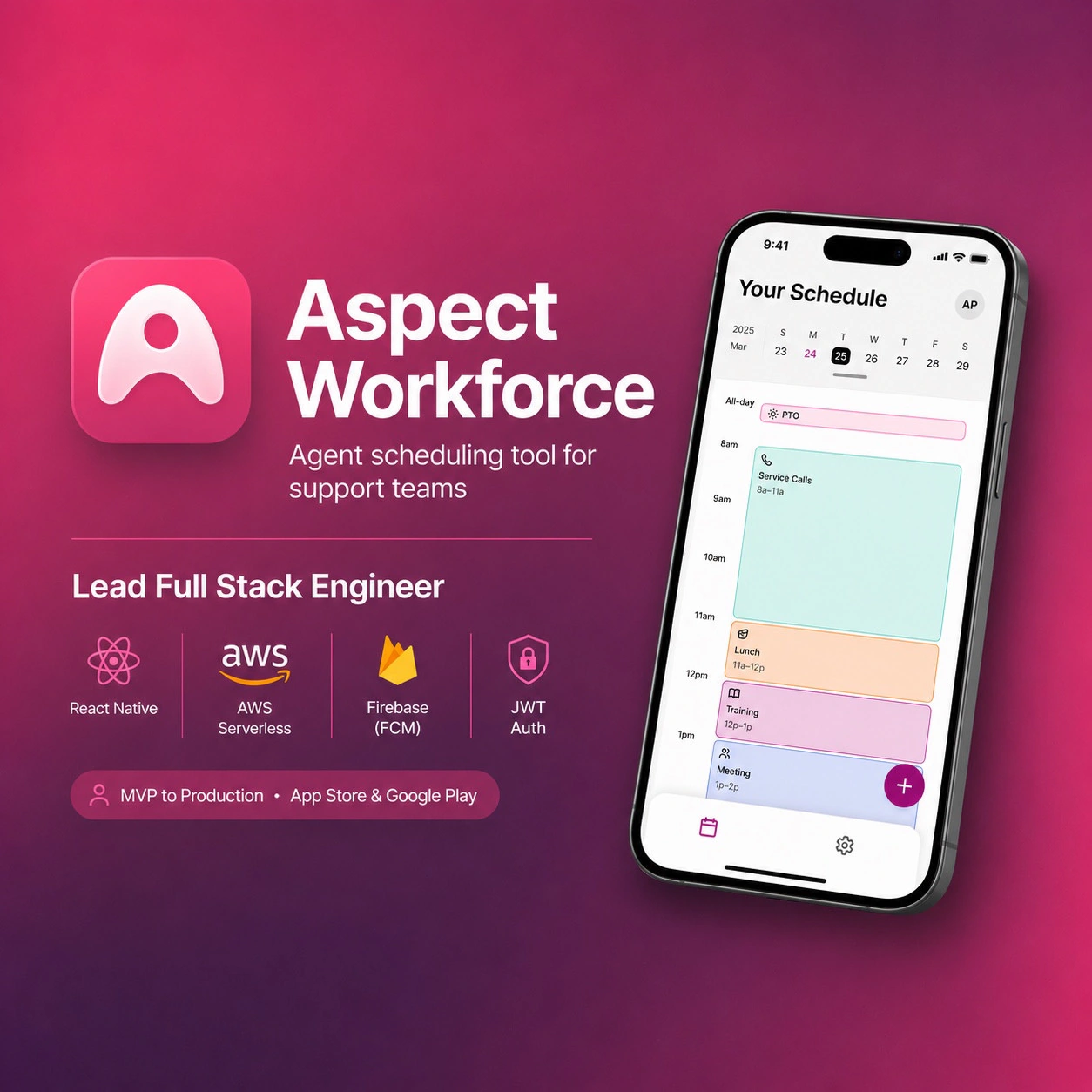Aspect Workforce branding beside a phone showing a daily work schedule.