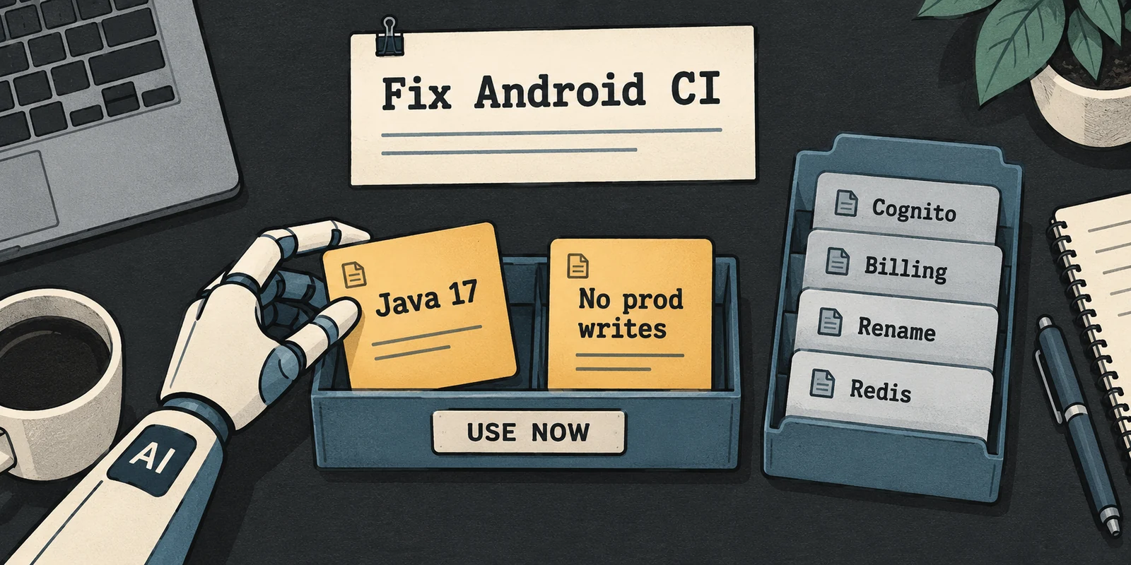 An AI assistant places the Java 17 requirement and the project-wide production database rule in an Android CI work tray, leaving four unrelated records in the archive.