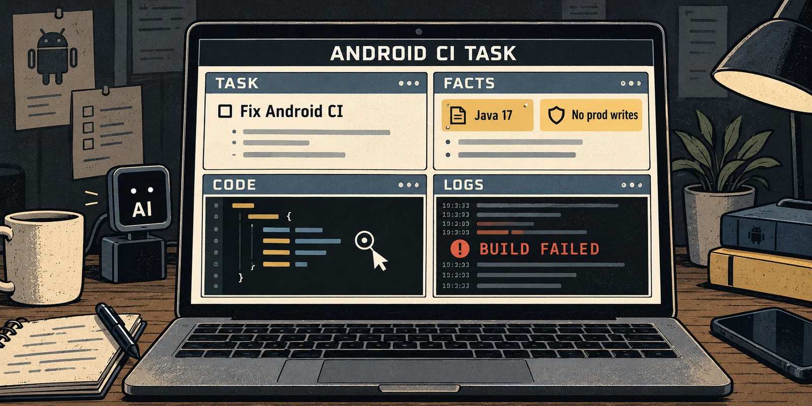 An illustrative Android CI workspace with the task, Java 17 and database rule, current code, and failed-build logs.
