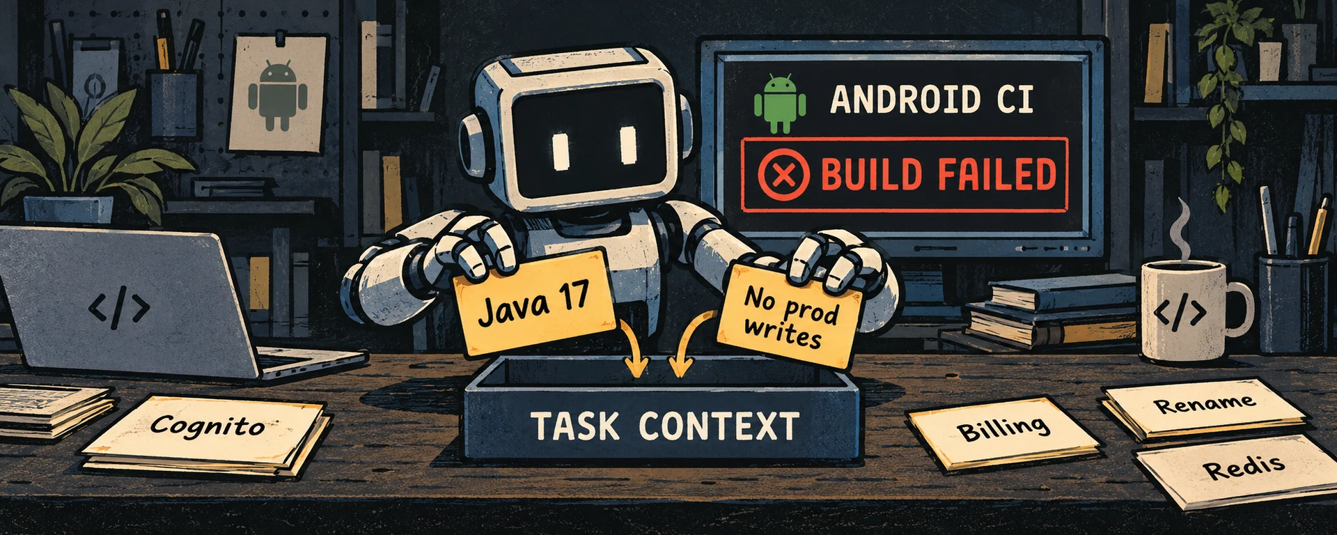 An AI coding assistant selects the Java 17 requirement and project-wide database rule for a failed Android CI task.