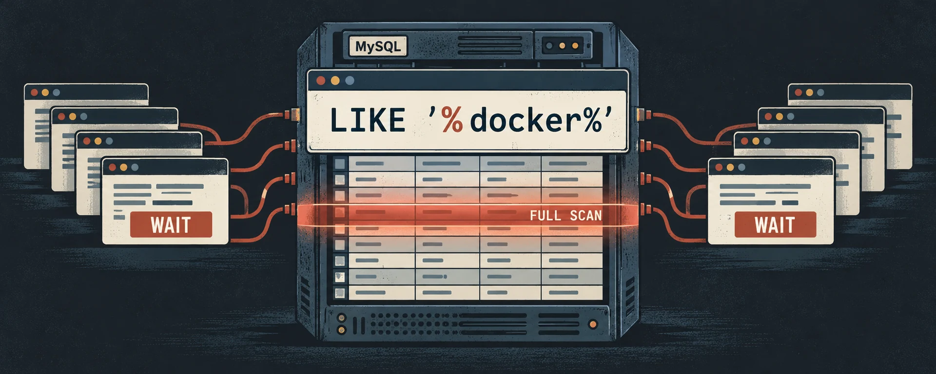 A leading-wildcard MySQL search scans table rows while incoming requests wait.